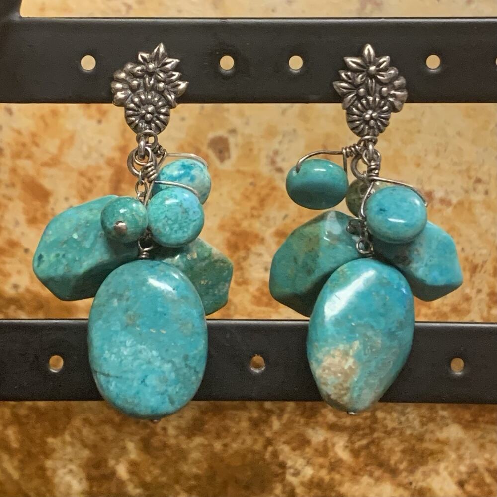Barse Earrings Sterling Silver Flowers with Dangle/Drop Turquoise Vintage